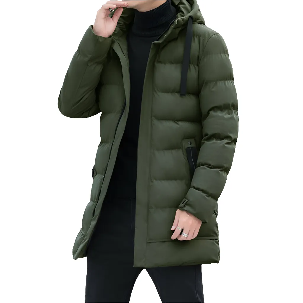 Long Hooded Jacket Men Winter Warm Windproof Coat Fashion Solid Color Clothes Outdoor