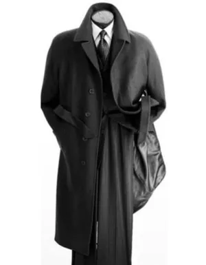 Mens Charcoal Grey Belted Full Length Wool Overcoat