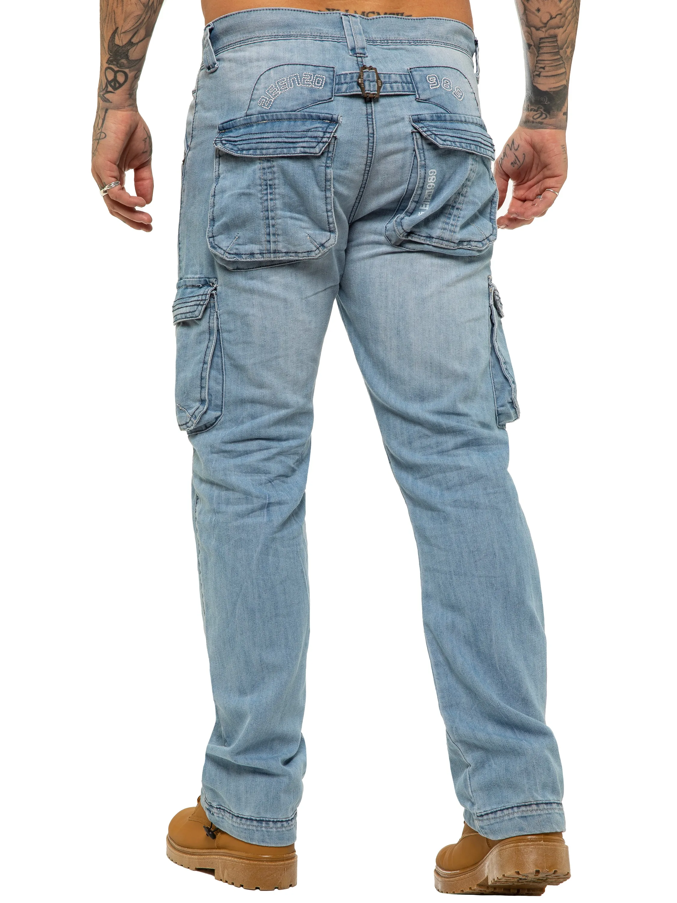 Mens Light Blue Combat Denim Jeans Mid Stonewash | Enzo Designer Menswear