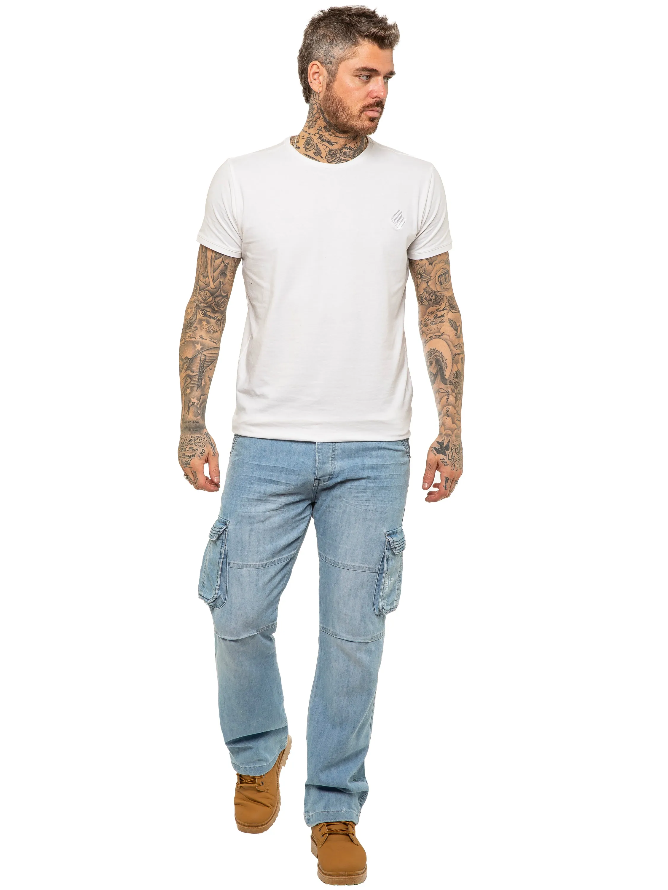 Mens Light Blue Combat Denim Jeans Mid Stonewash | Enzo Designer Menswear