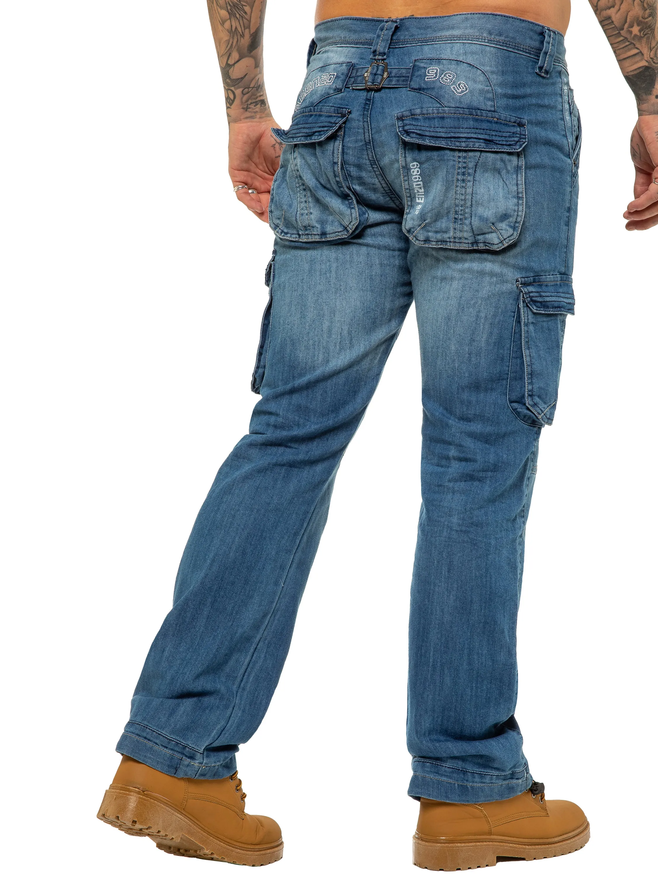 Mens Light Blue Combat Denim Jeans Mid Stonewash | Enzo Designer Menswear