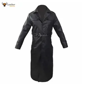 Mens Sexy Real Black Leather Long Matrix Goth Trench Coat Gothic T17