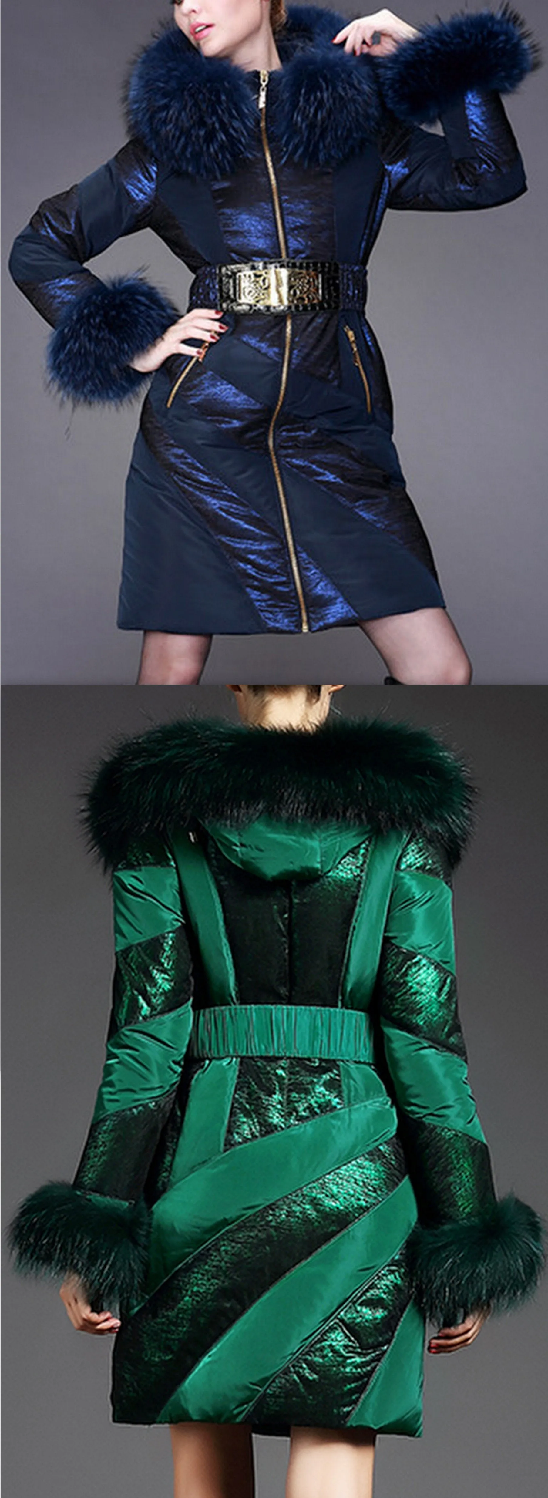 Metallic-Paneled Fur-Trim Feather-Fill Coat - Blue or Green