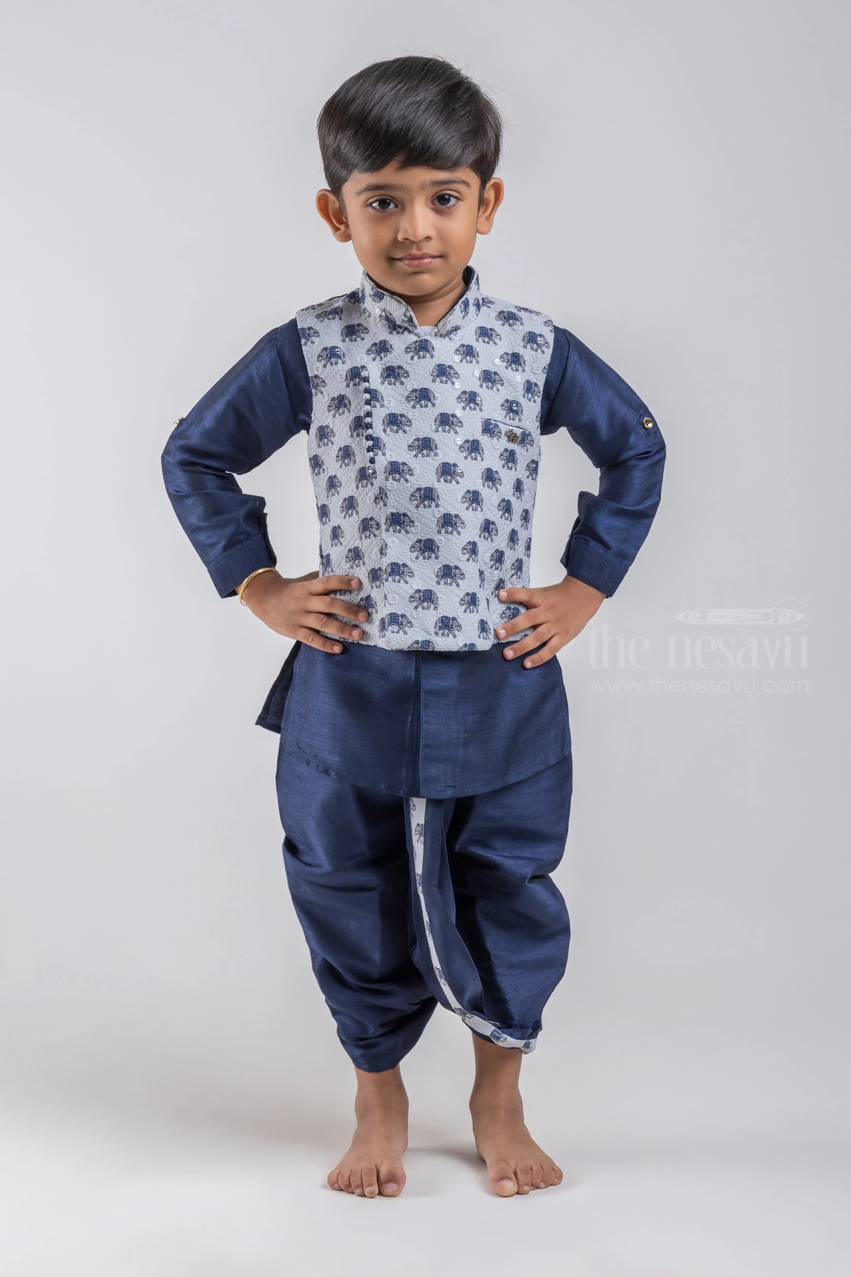 Navy Blue Cotton Boys Ethnic Kurta with Animal Printed White Overcoat and Navy Dhoti and Pant