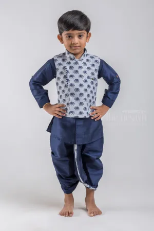 Navy Blue Cotton Boys Ethnic Kurta with Animal Printed White Overcoat and Navy Dhoti and Pant