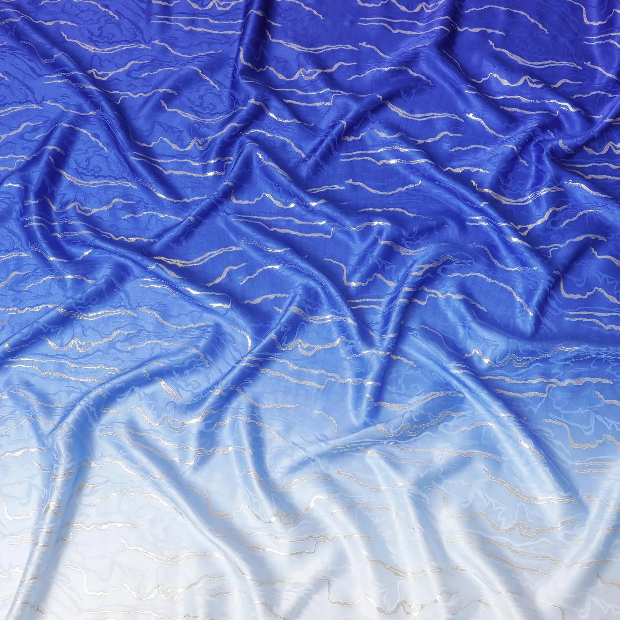 Oceanic Waves Silk Satin Fabric - Captivating Blue Gradient Print, 140cm Wide - Buy in Meters Online-D18327