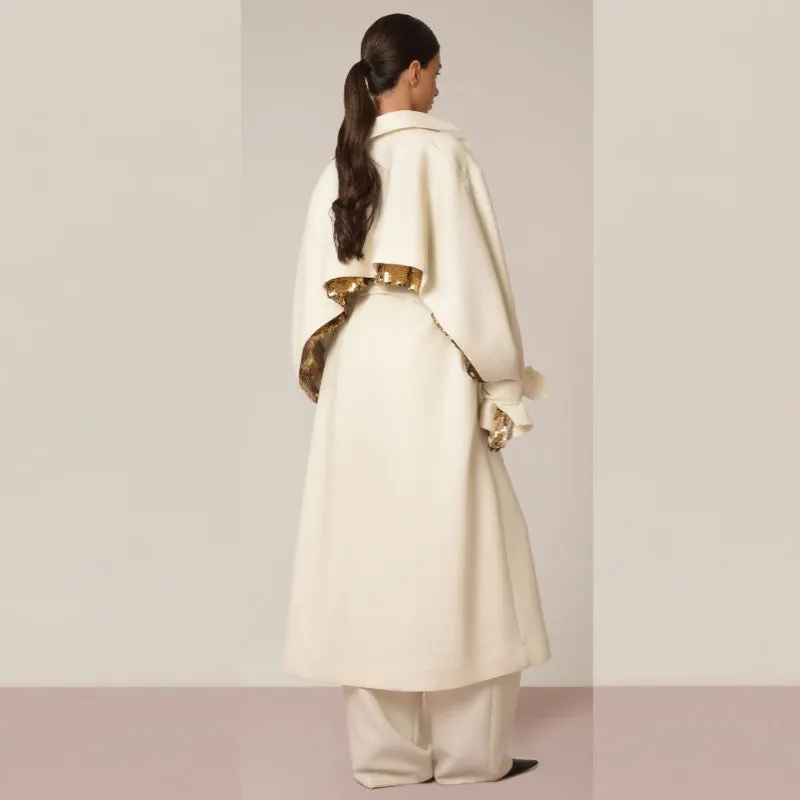 Off White Wool Trench Coat With Sequin Detail - XS - S