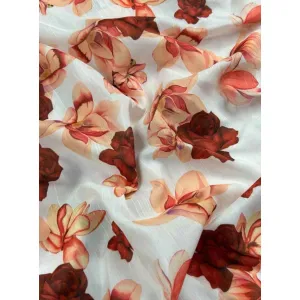 Peach And Red Floral Print Raw Silk