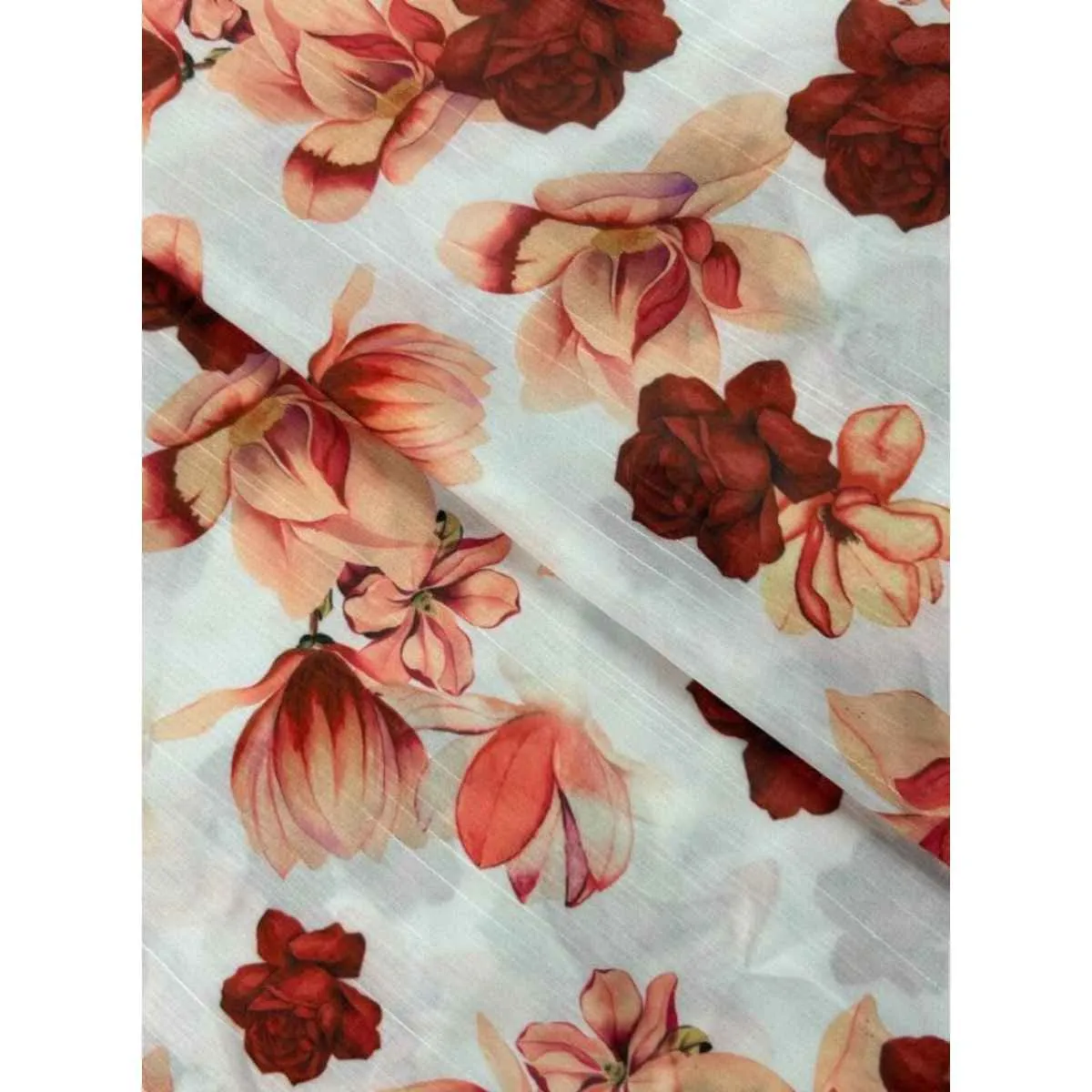 Peach And Red Floral Print Raw Silk