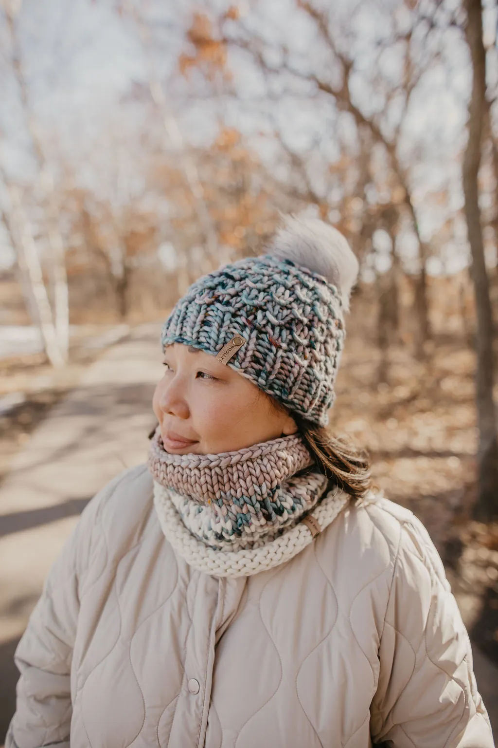 Pearl Gray, Blue, and Ivory Merino Wool Fair Isle Hand Knit Cowl