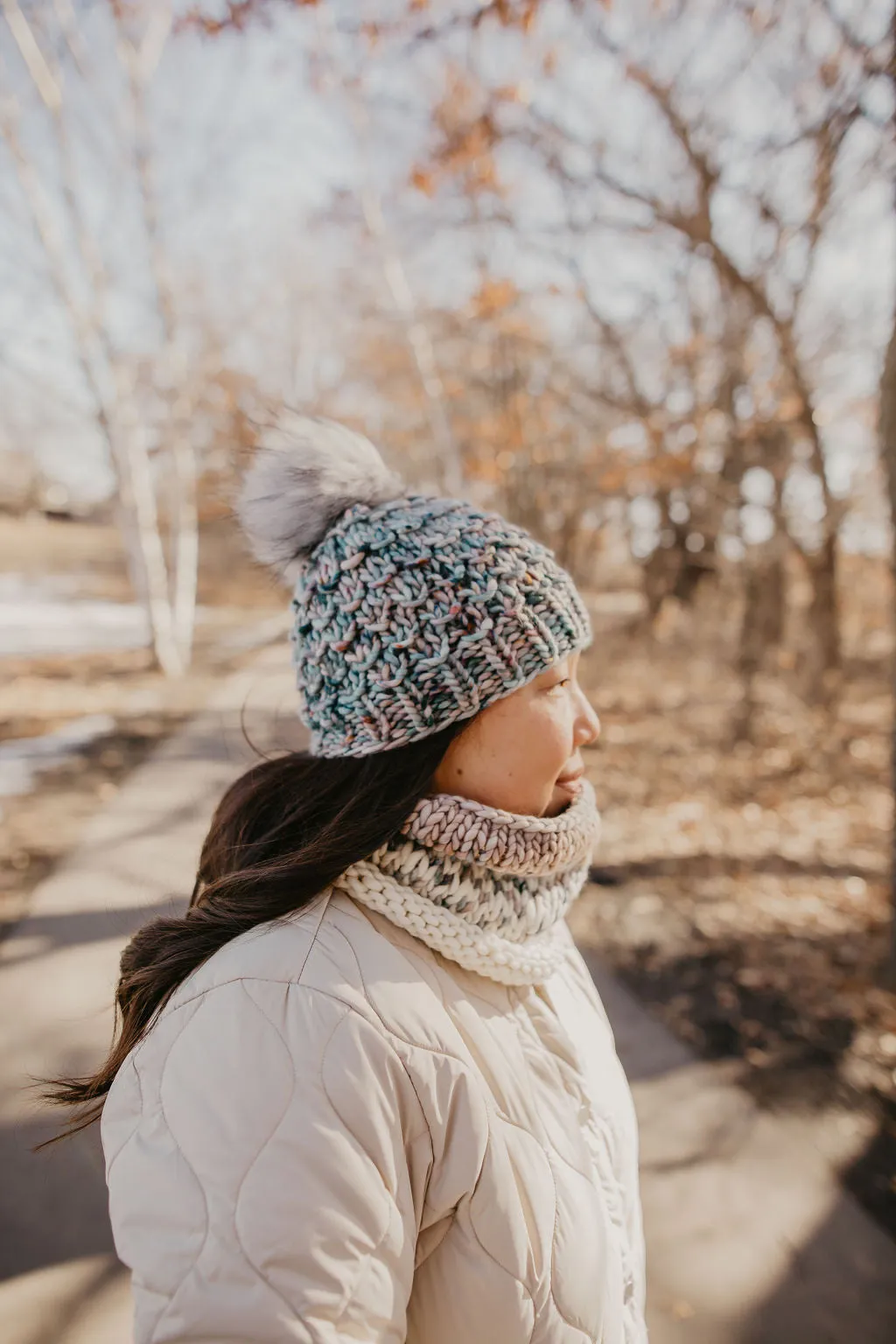 Pearl Gray, Blue, and Ivory Merino Wool Fair Isle Hand Knit Cowl