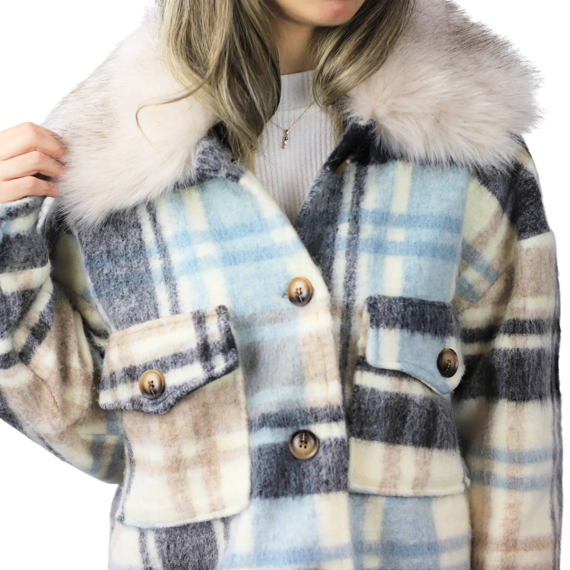 Plaid Cropped Jacket w/ Trim - White