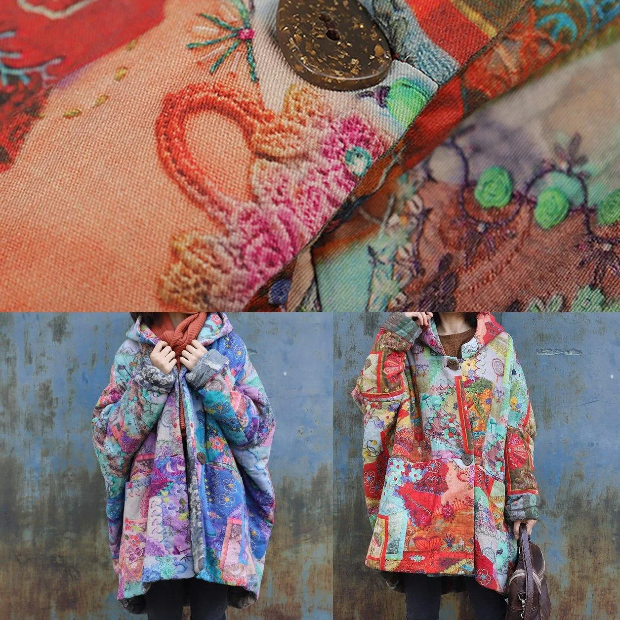 Purple prints overcoat oversized warm winter coat hooded patchwork overcoat