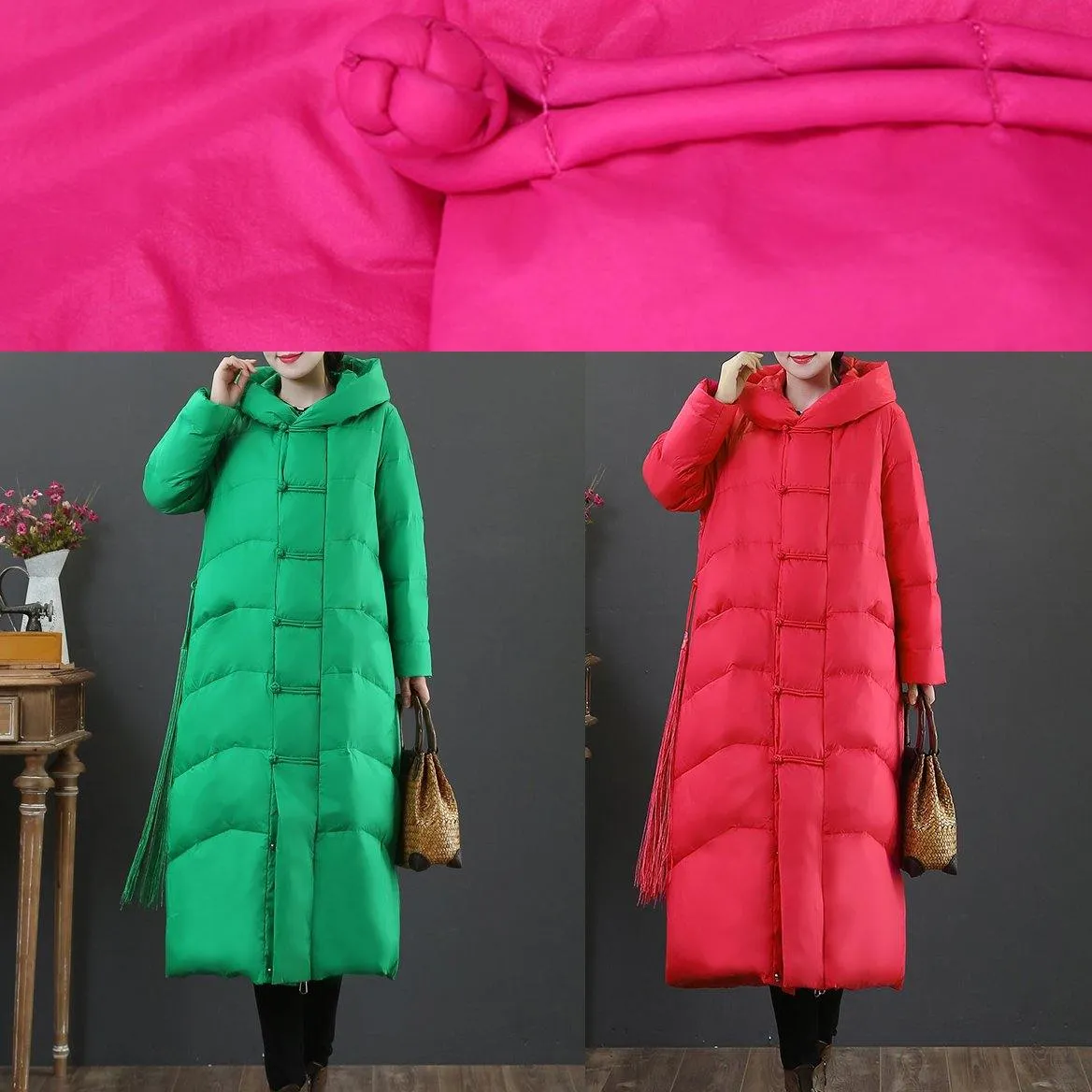 Red down jacket woman plus size down jacket hooded zippered fine overcoat