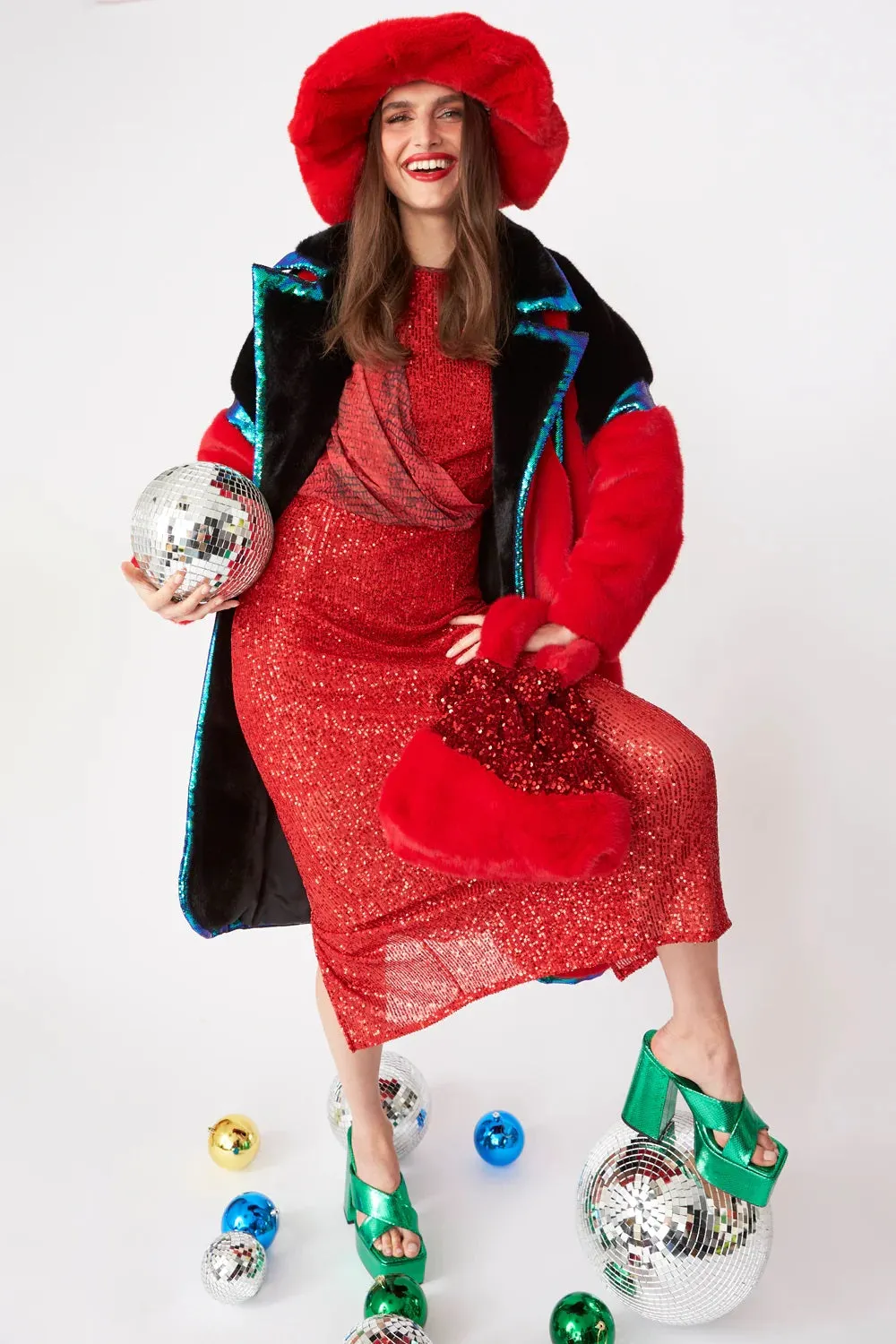 Red Faux Fur Coat with Sequin Trim