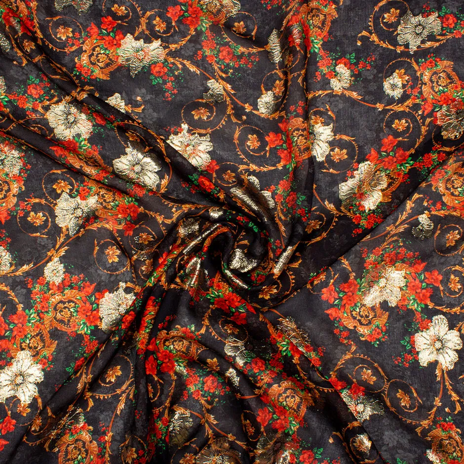 Red Rose Floral Printed Black & Gold Metallic Silk Georgette