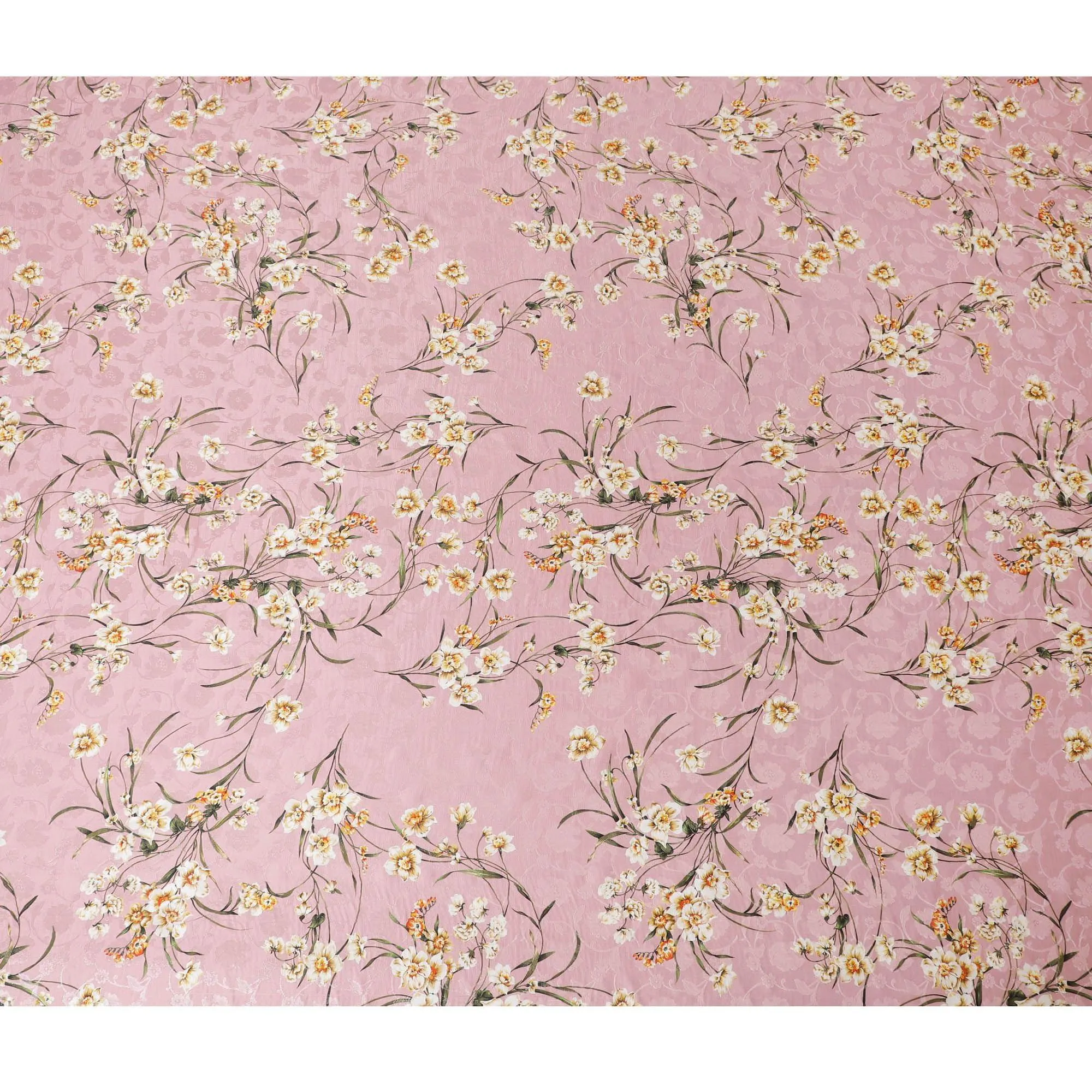 Rose pink Premium pure silk crepe fabric with same tone jacquard having multicolor print in floral design-D15729