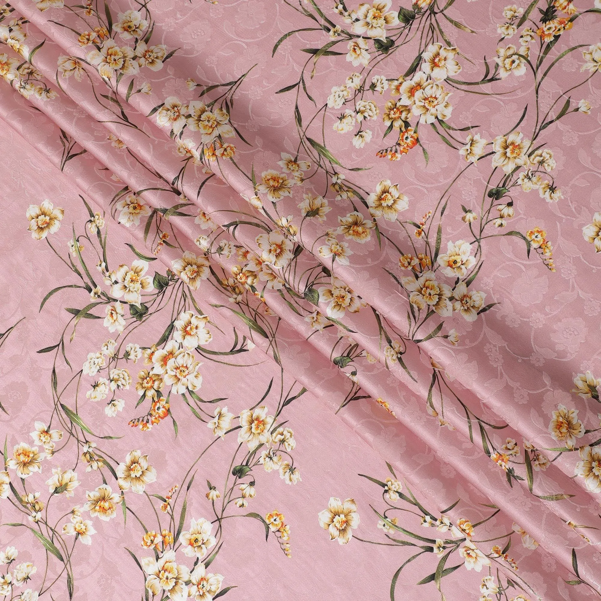 Rose pink Premium pure silk crepe fabric with same tone jacquard having multicolor print in floral design-D15729