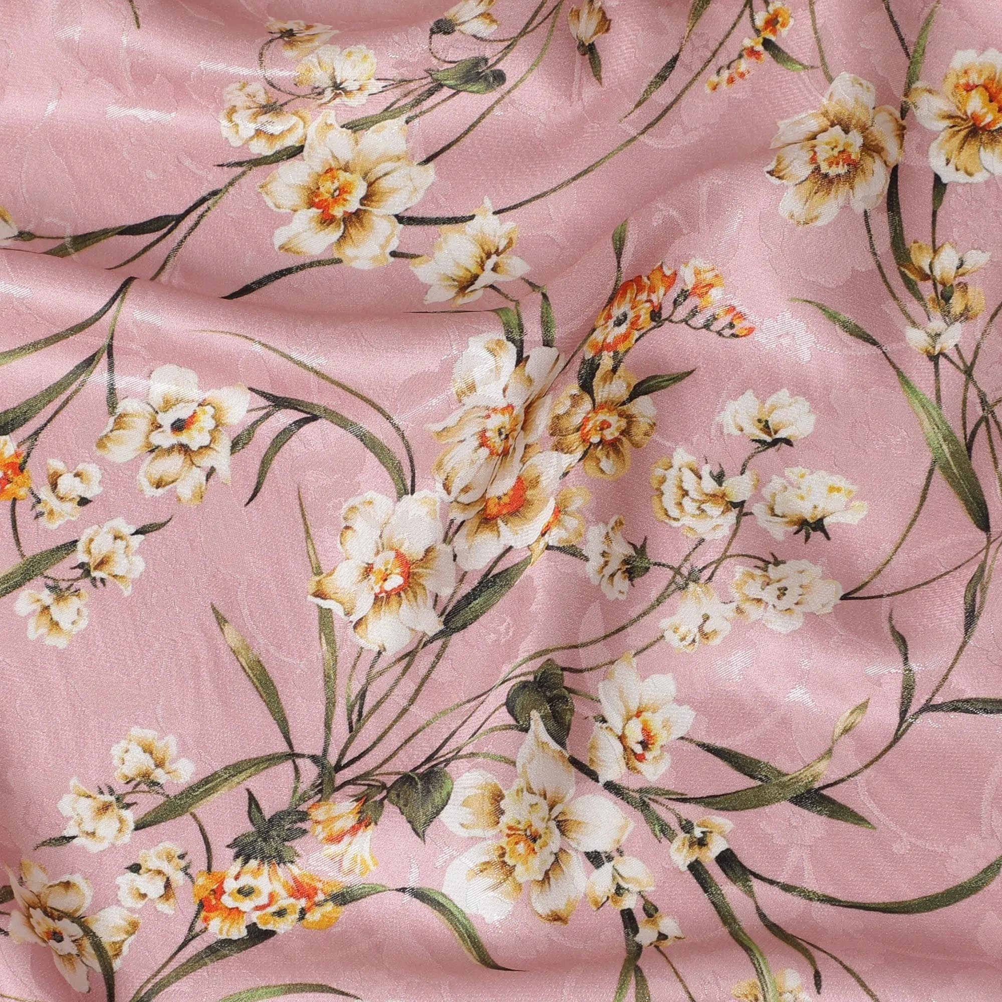 Rose pink Premium pure silk crepe fabric with same tone jacquard having multicolor print in floral design-D15729