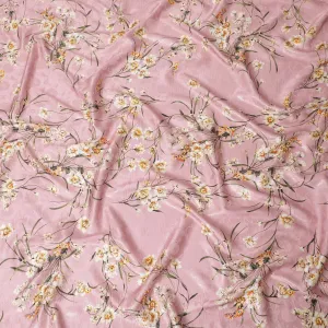 Rose pink Premium pure silk crepe fabric with same tone jacquard having multicolor print in floral design-D15729