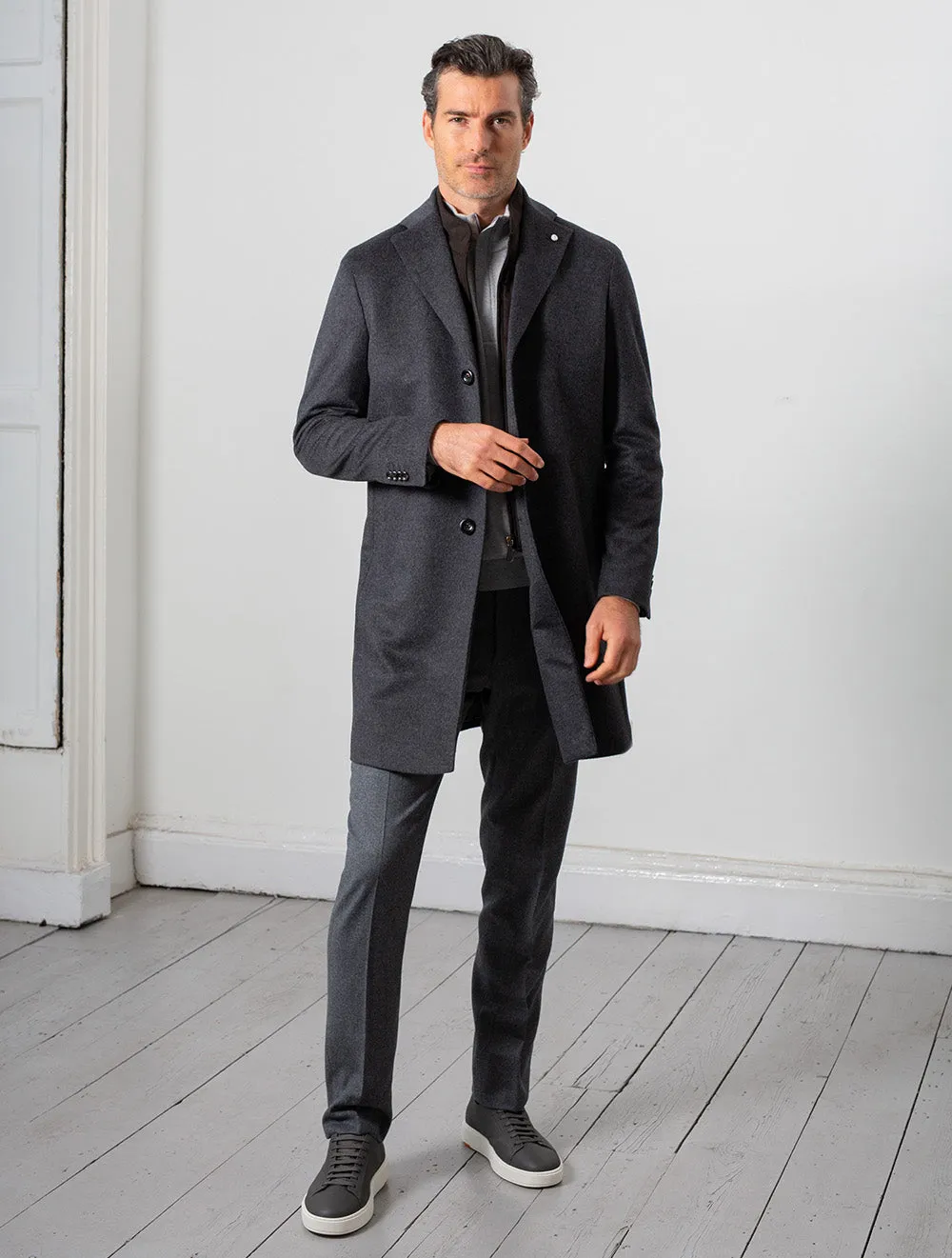 Single Breast Wool And Cashmere Blend Overcoat Charcoal