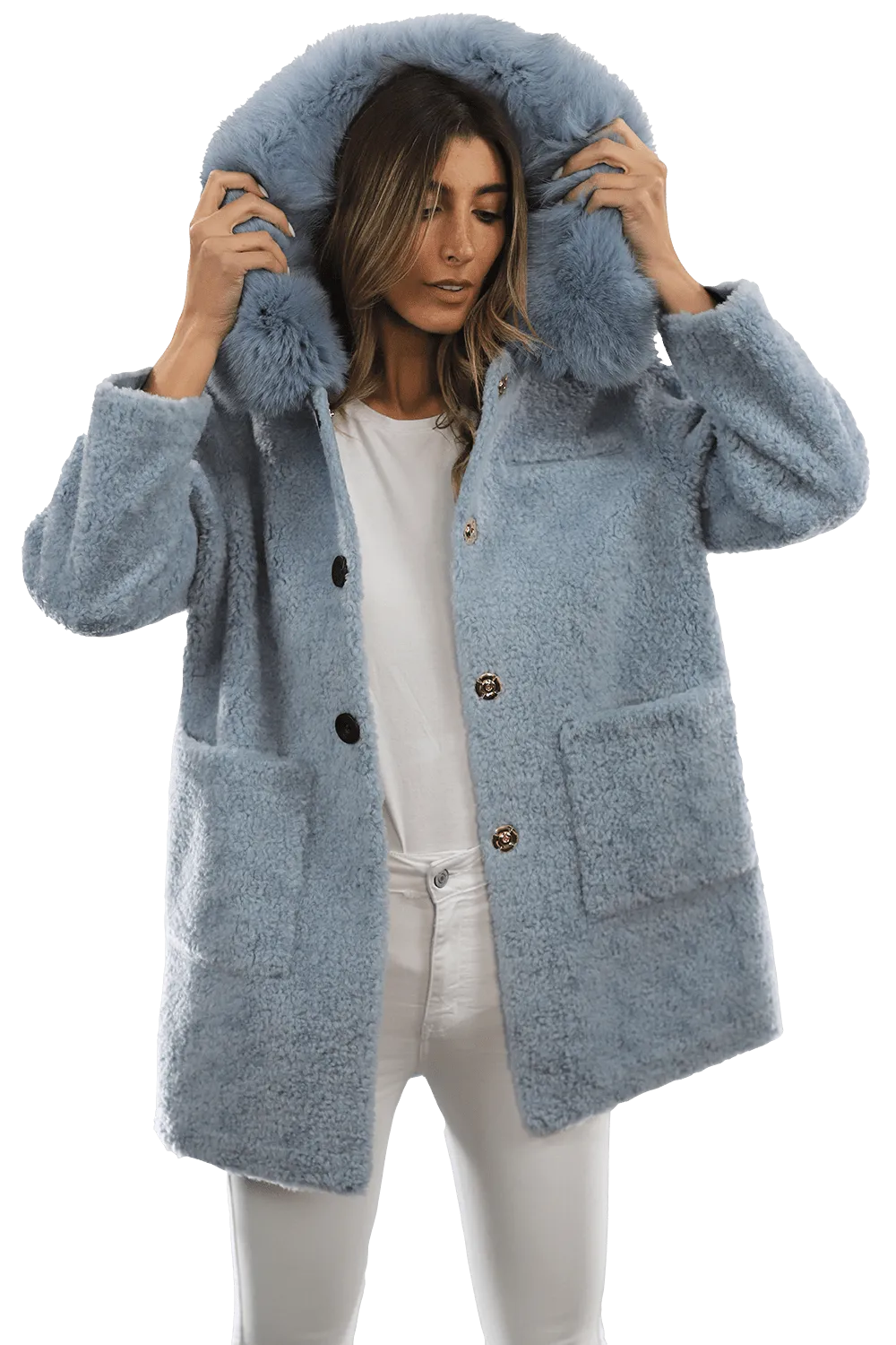 Teddy Coat with Fox Trim Hood - BLUE