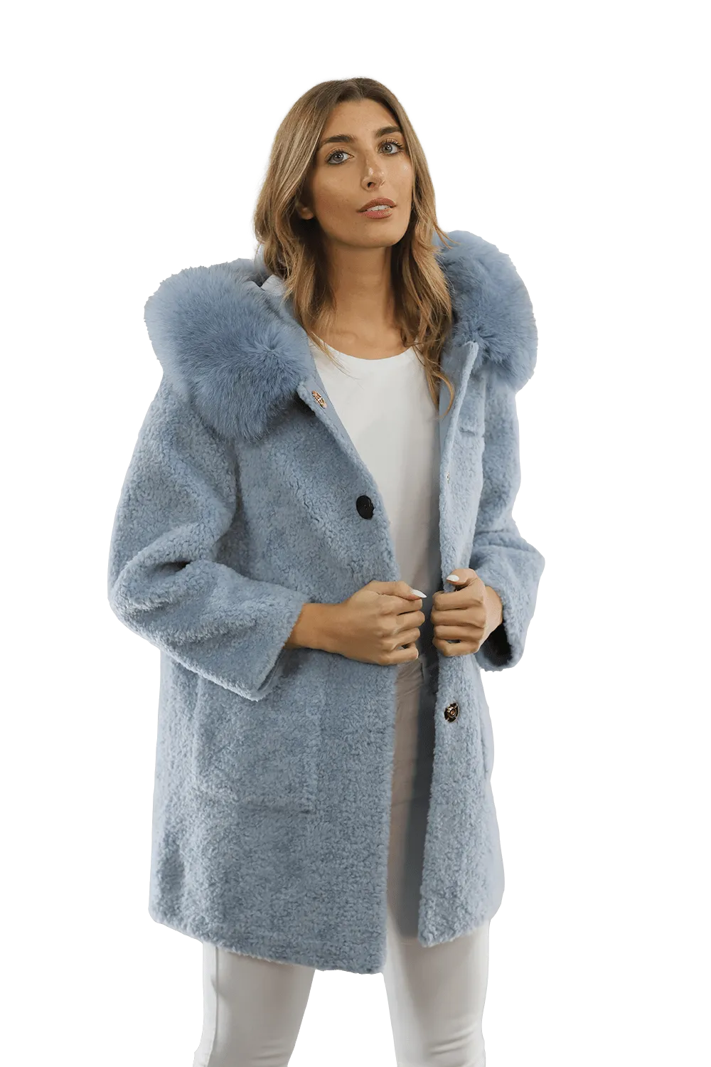 Teddy Coat with Fox Trim Hood - BLUE