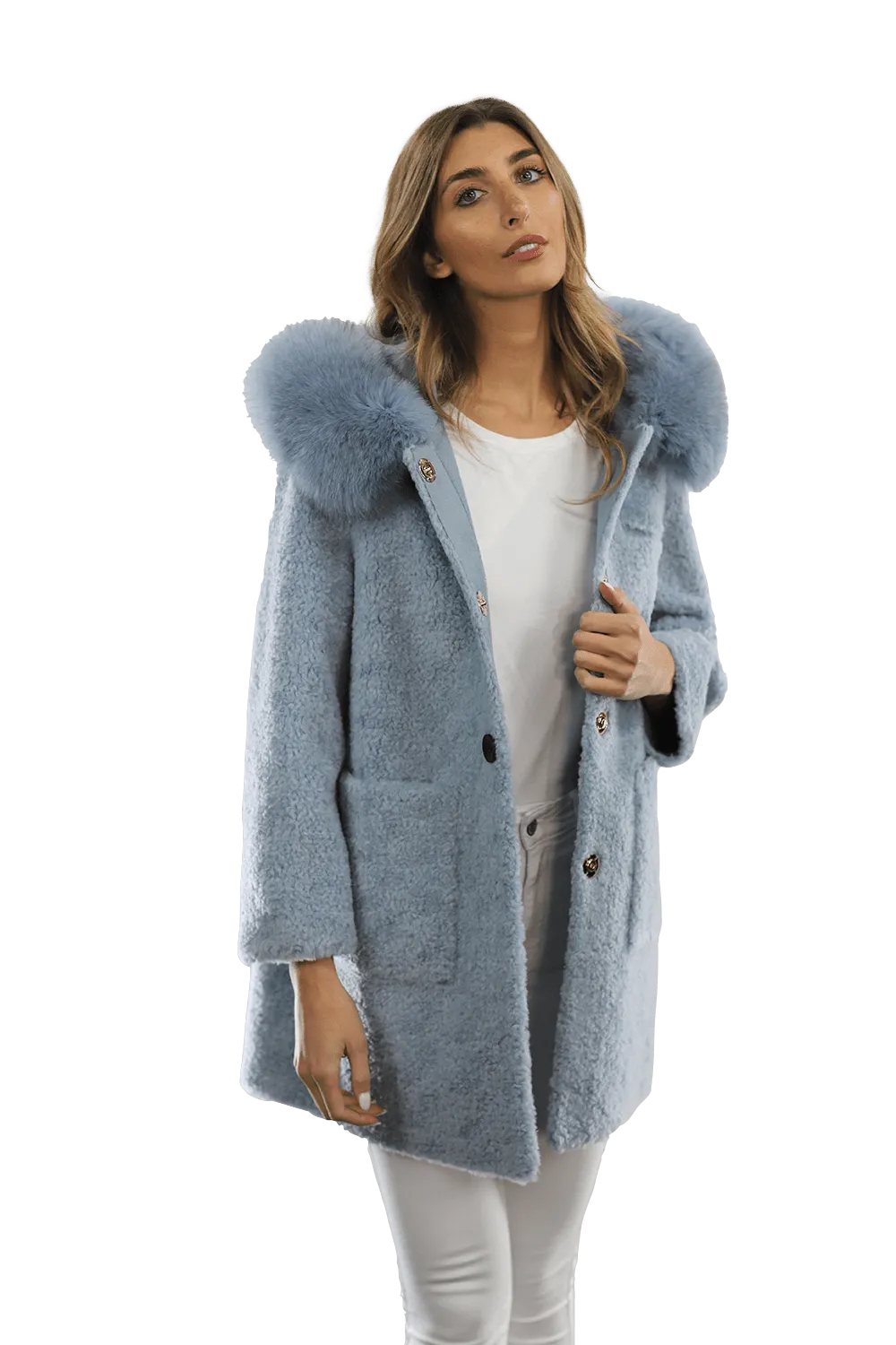 Teddy Coat with Fox Trim Hood - BLUE