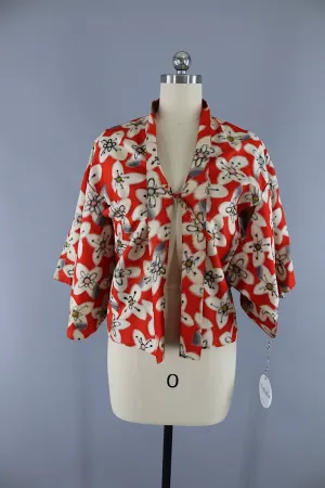 Vintage 1930s Silk Haori Kimono Cardigan Jacket / Red Meisen Ikat Floral