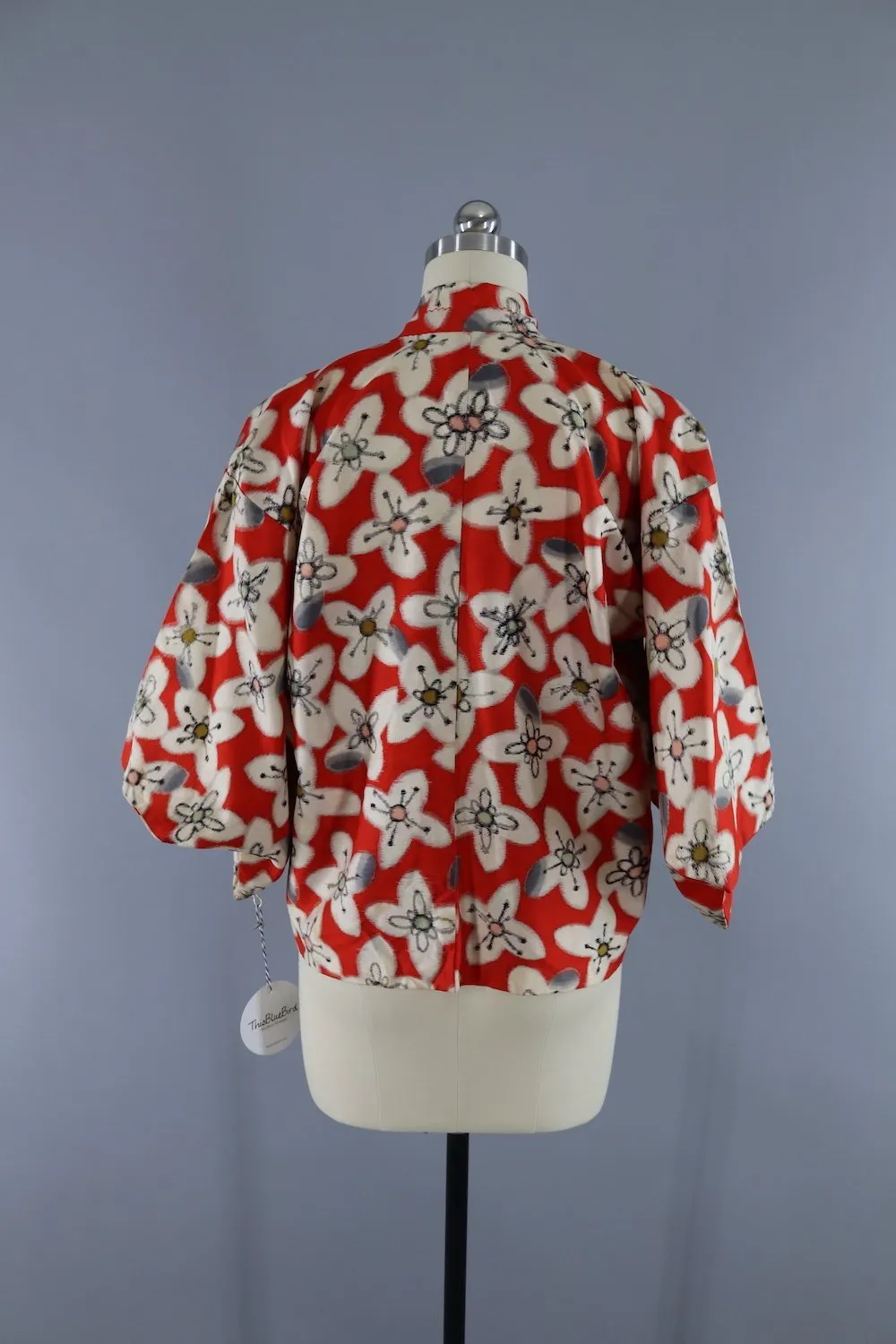 Vintage 1930s Silk Haori Kimono Cardigan Jacket / Red Meisen Ikat Floral