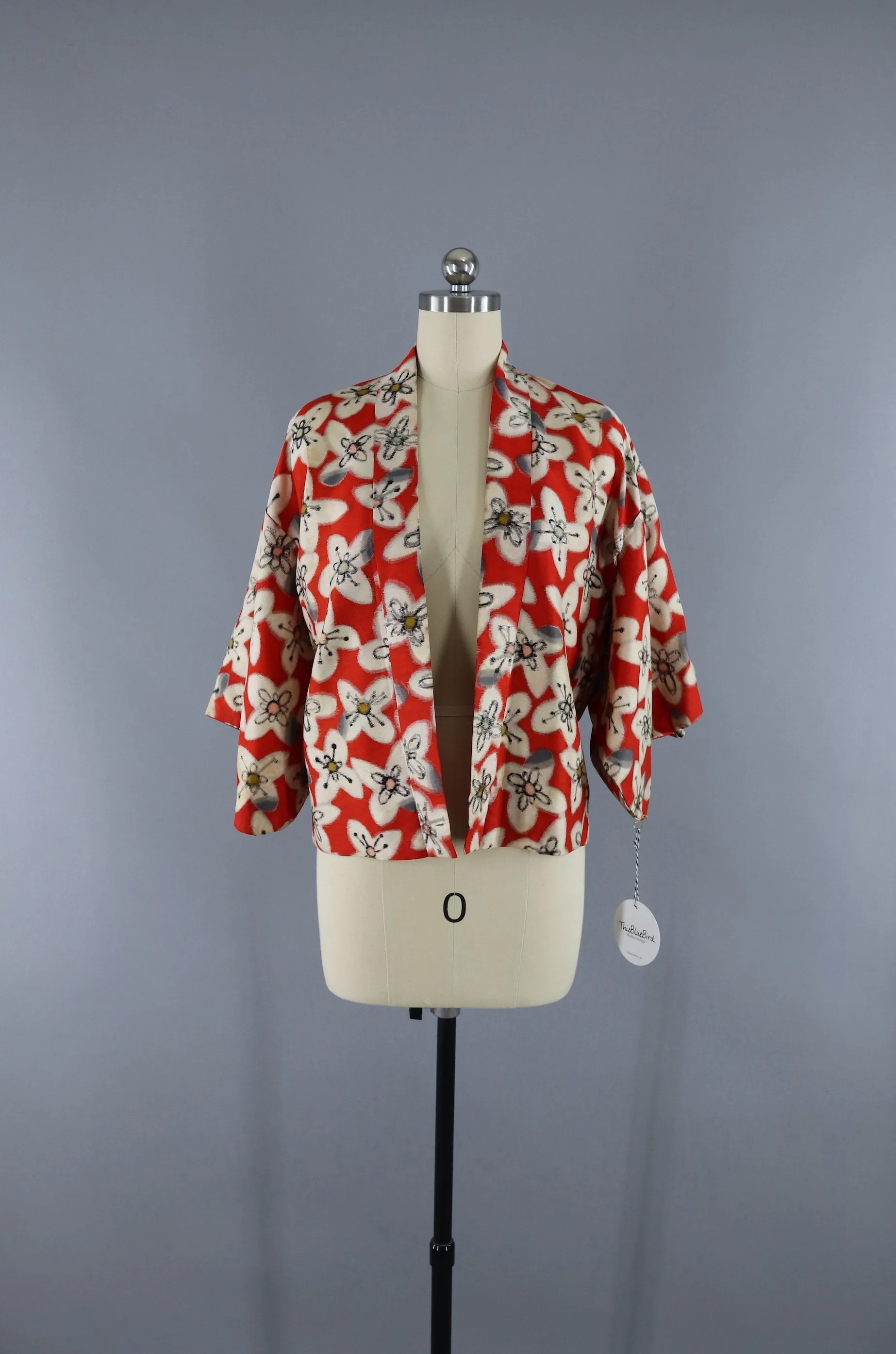 Vintage 1930s Silk Haori Kimono Cardigan Jacket / Red Meisen Ikat Floral