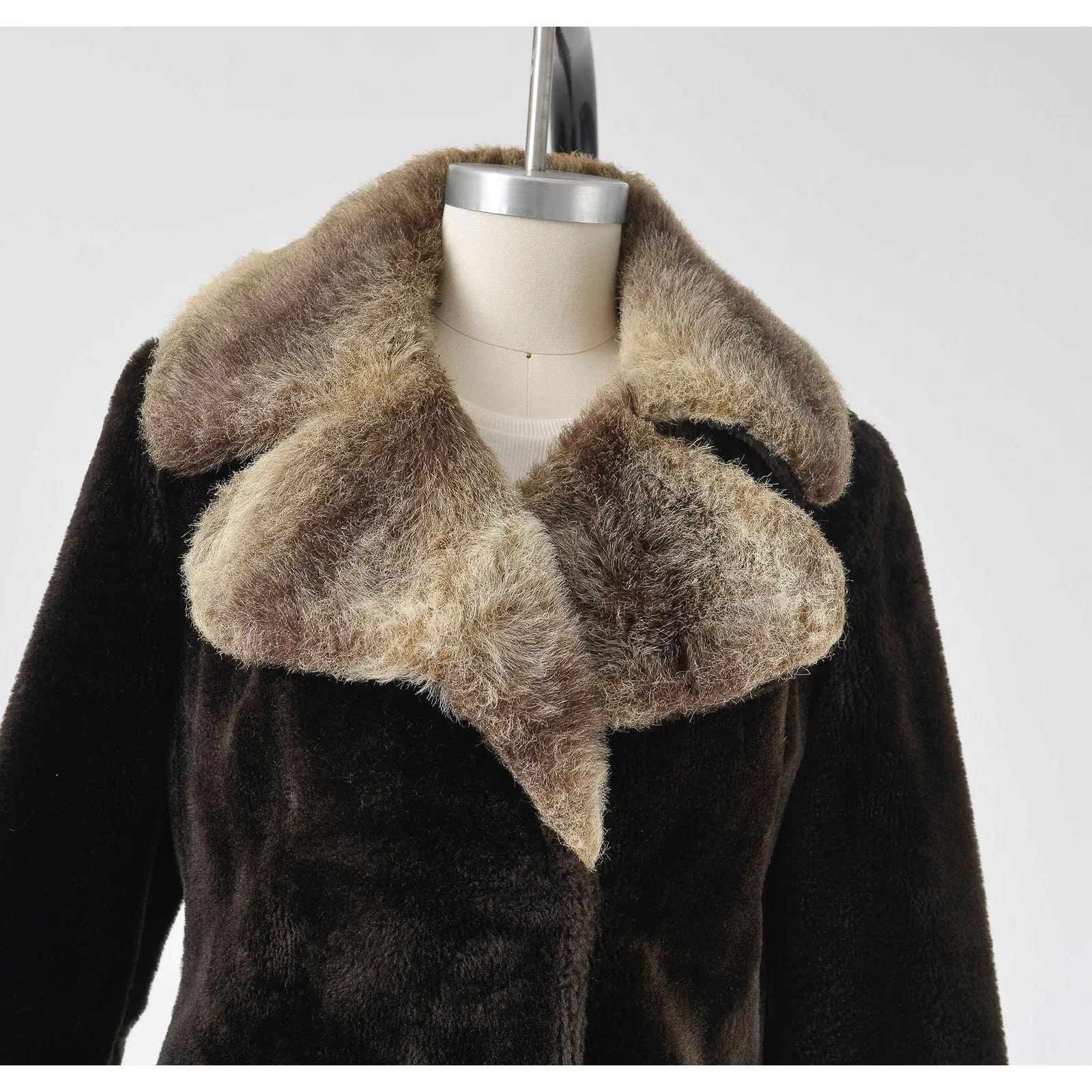 Vintage 60s Dark Brown Faux Fur Coat Mod Retro Teddy Bear Fur Coat with Tie Belt size XS S