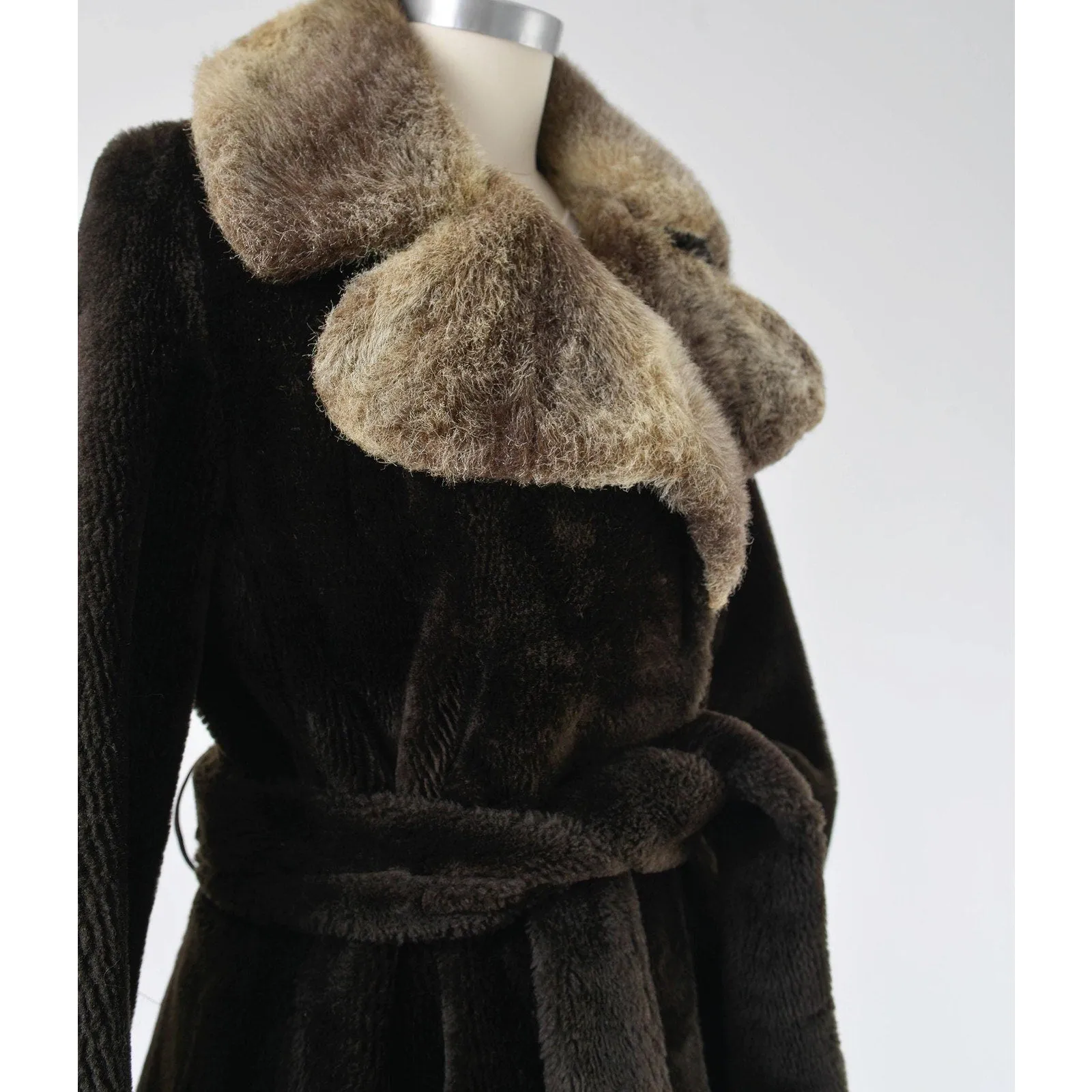 Vintage 60s Dark Brown Faux Fur Coat Mod Retro Teddy Bear Fur Coat with Tie Belt size XS S