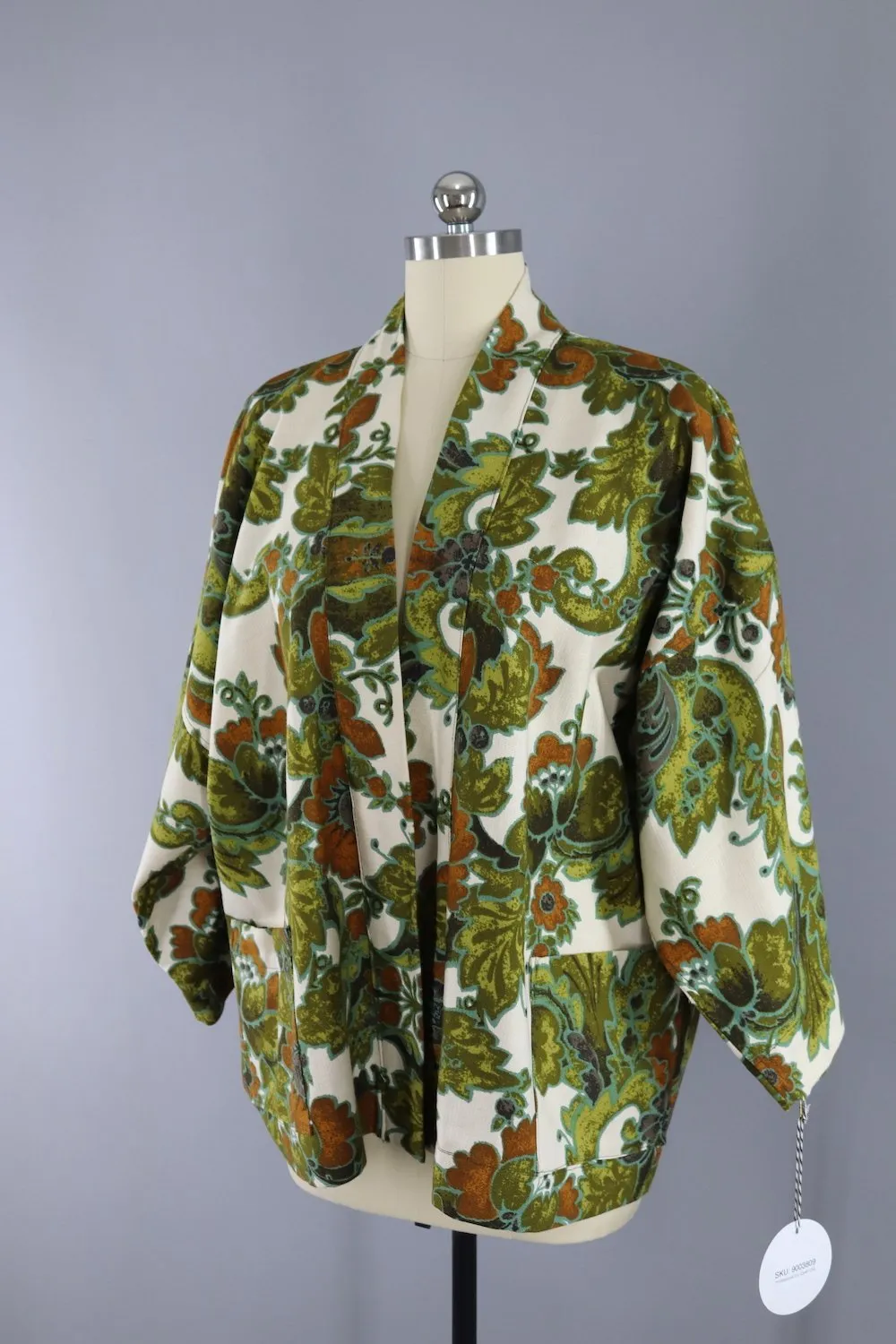 Vintage Kimono Jacket / 1970s Olive Green Floral Print