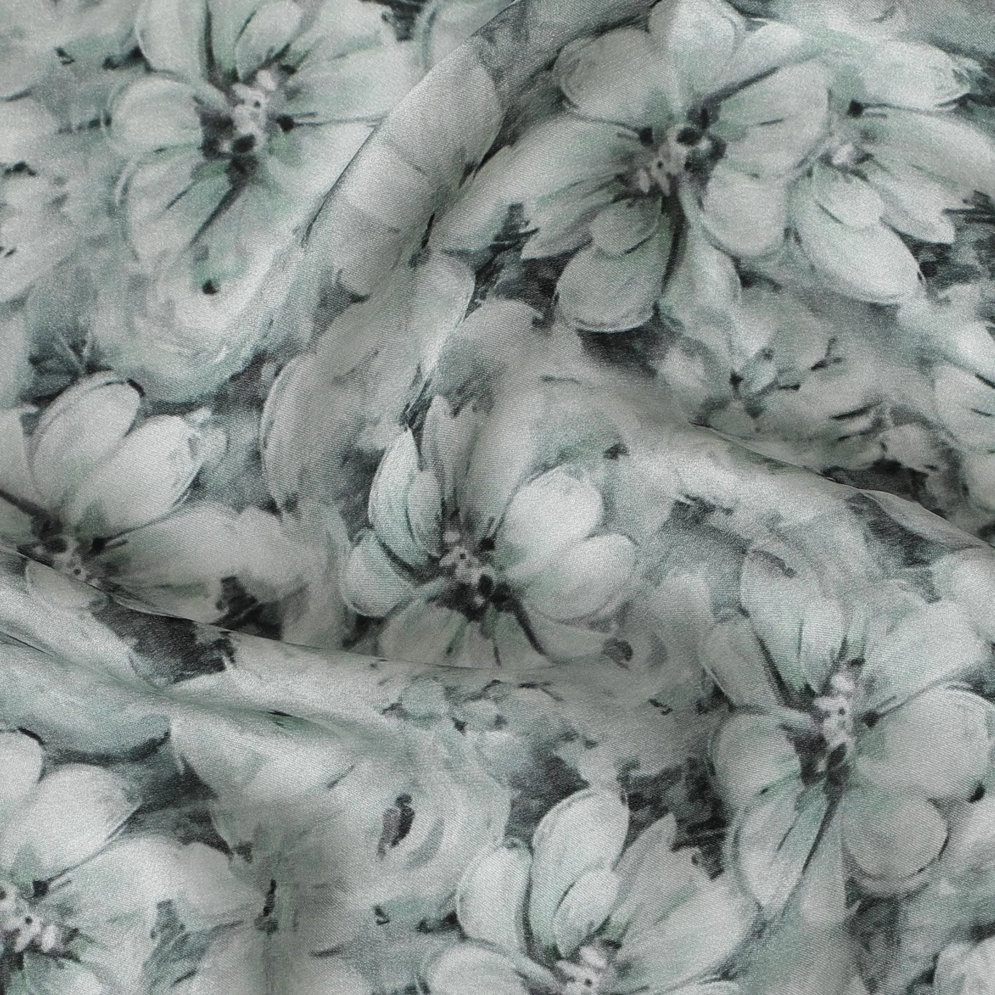 White Floral Print Silk Satin Fabric - Elegant Drape, 110cm Width, Crafted in India-D17701