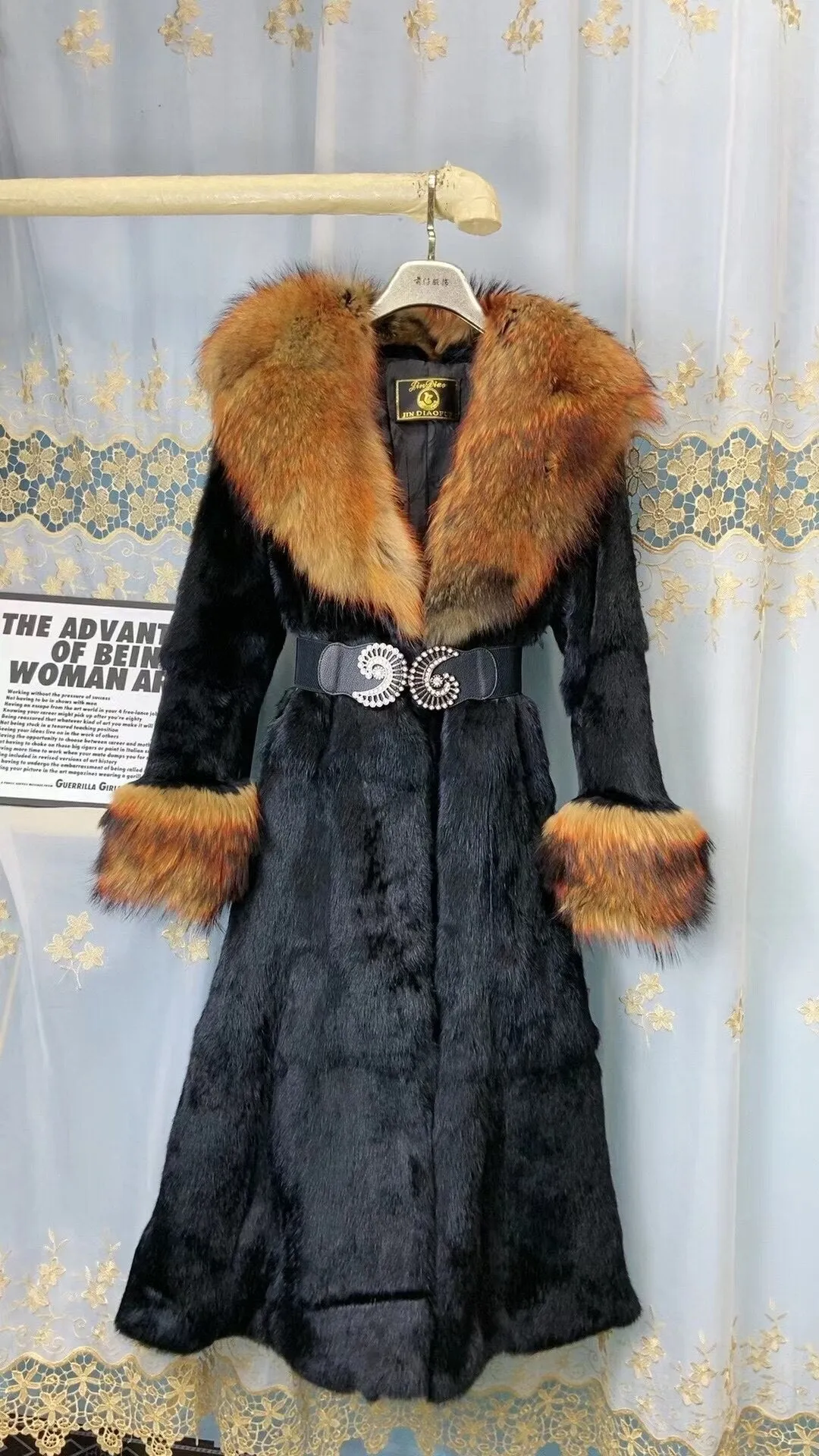 Women Real Rex Rabbit Fur Coats With Fox Lapel Collar Natural Whole Skin Genuine Fur Long Jackets Overcoat Winter