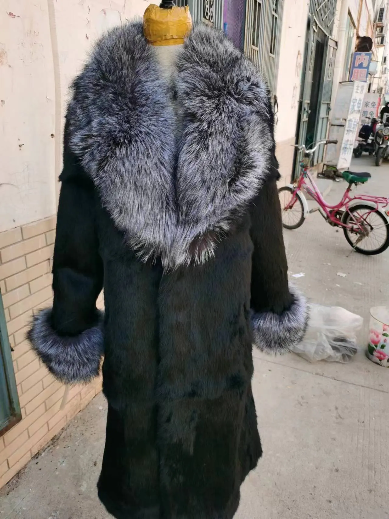 Women Real Rex Rabbit Fur Coats With Fox Lapel Collar Natural Whole Skin Genuine Fur Long Jackets Overcoat Winter