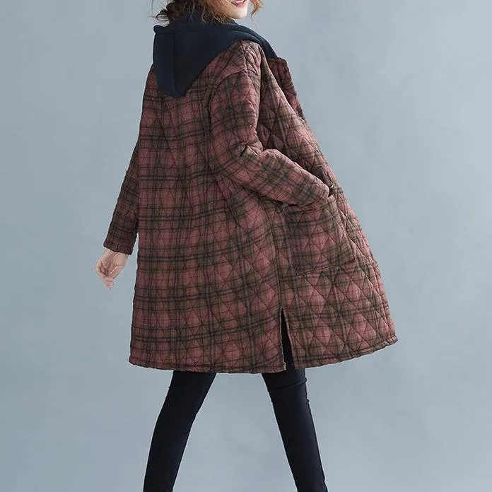 women red plaid coat plus size Coats hooded pockets overcoat