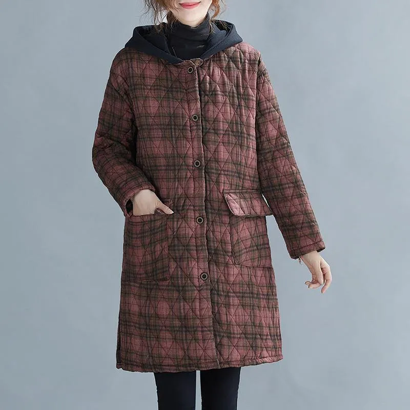 women red plaid coat plus size Coats hooded pockets overcoat