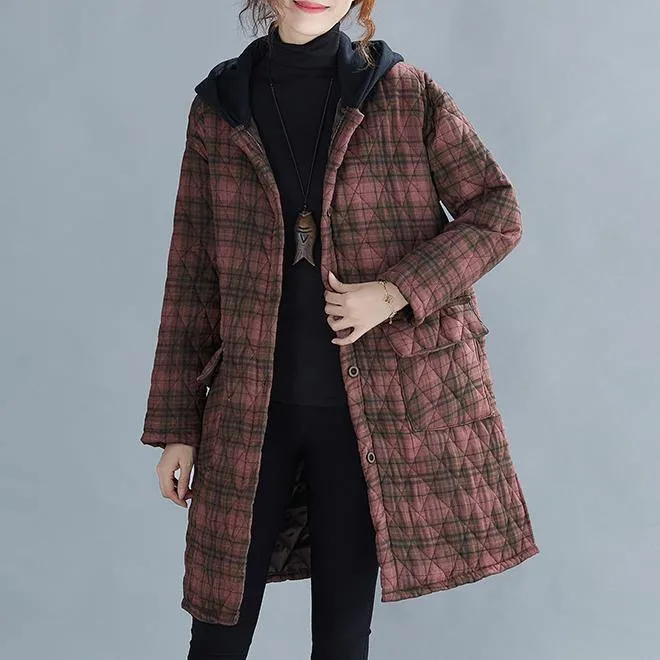 women red plaid coat plus size Coats hooded pockets overcoat