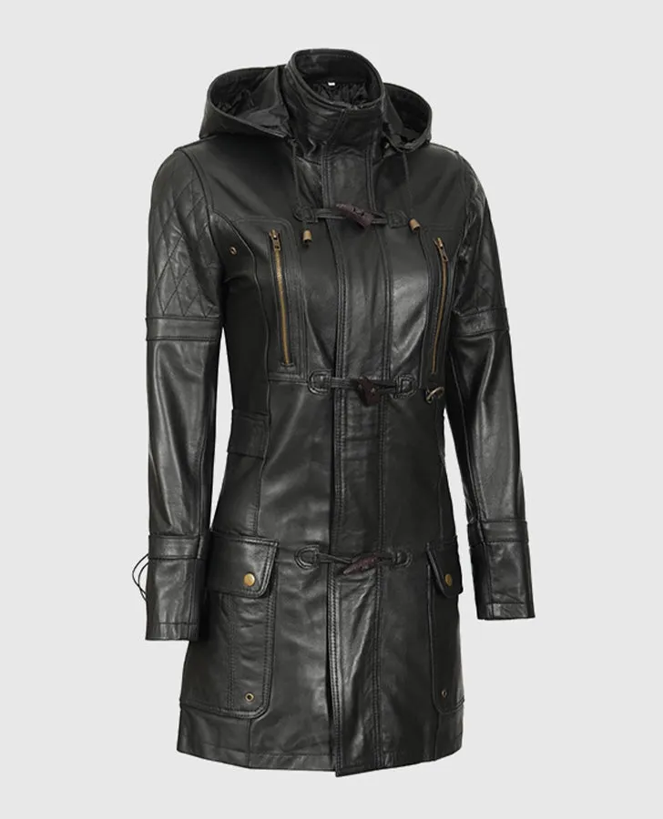 Women's Black Slim Fit Hooded Leather Coat