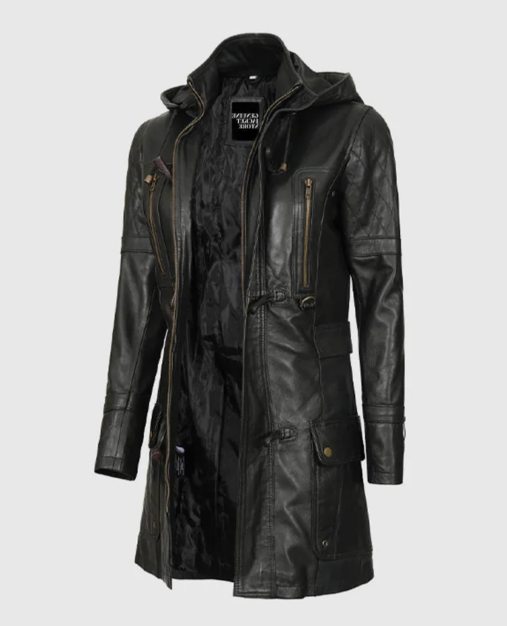 Women's Black Slim Fit Hooded Leather Coat