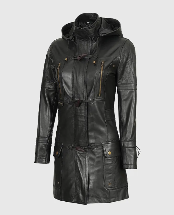 Women's Black Slim Fit Hooded Leather Coat