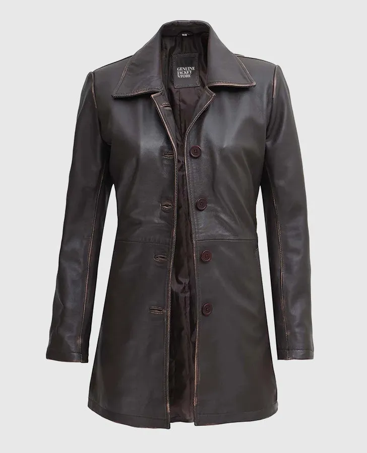 Women's Distressed Dark Brown Leather Coat