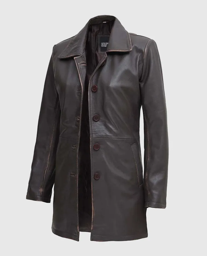 Women's Distressed Dark Brown Leather Coat