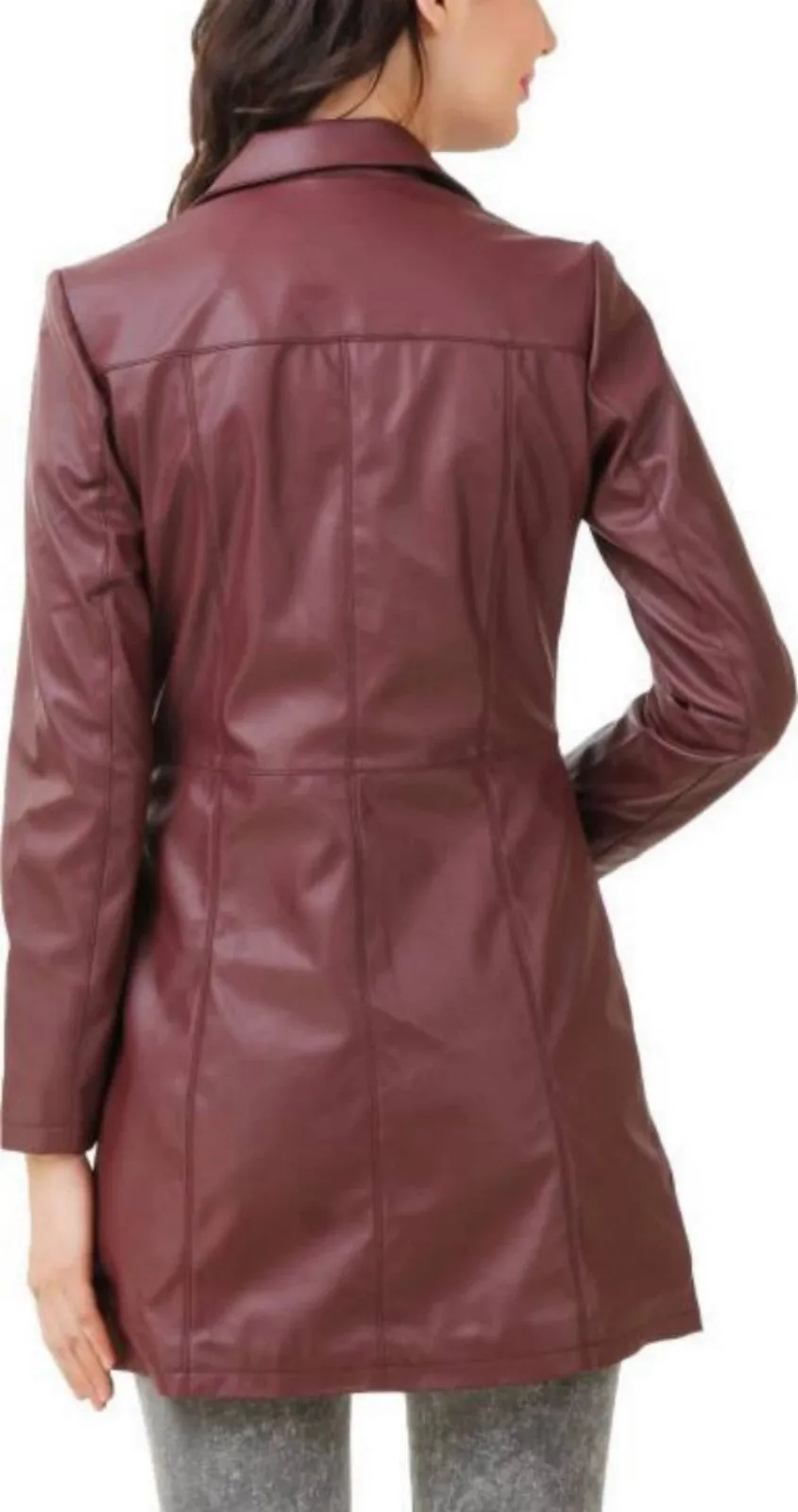 Women's Mid Length Burgundy Leather Trench Coat TC21