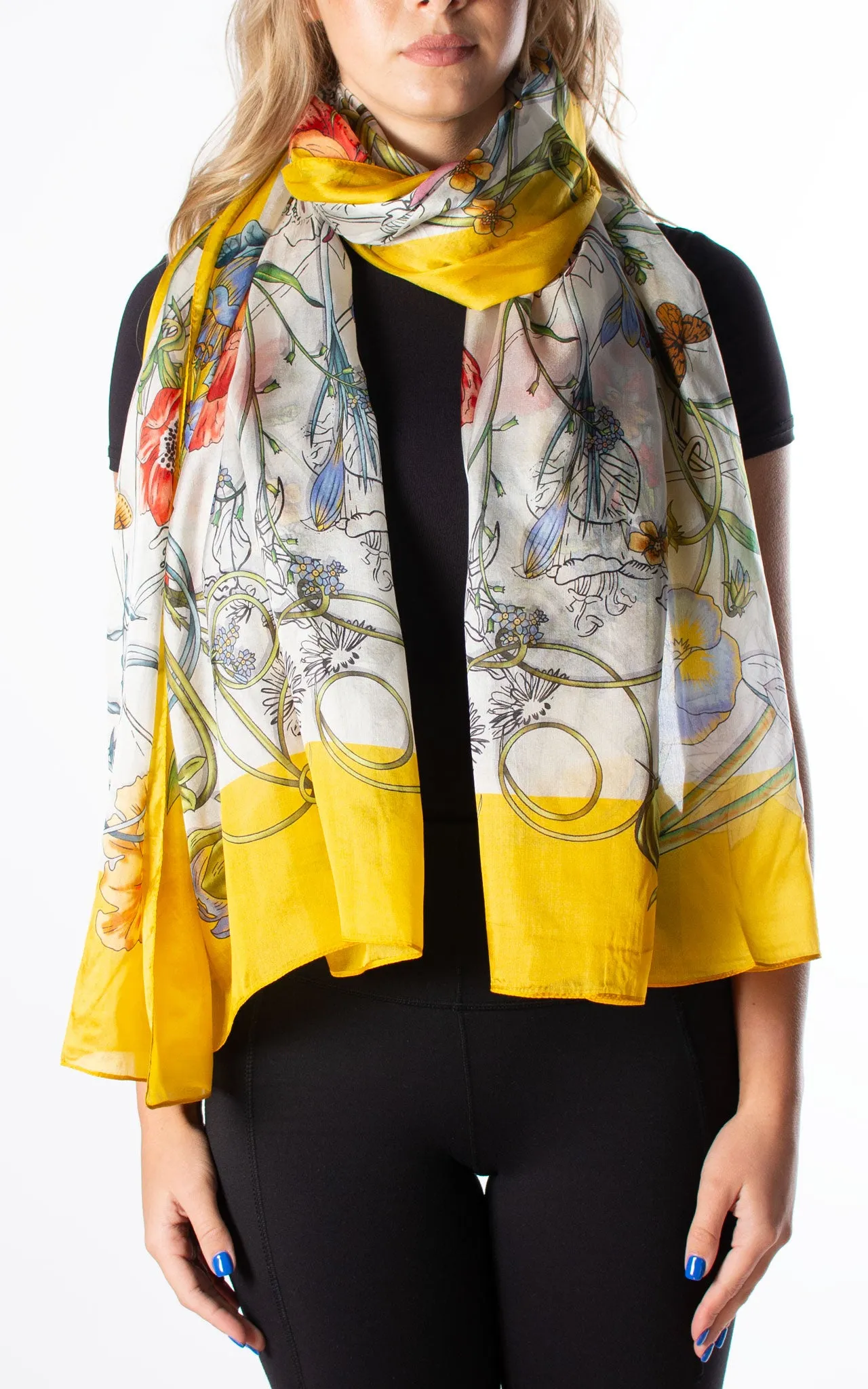 Yellow Border Floral Silk Scarf