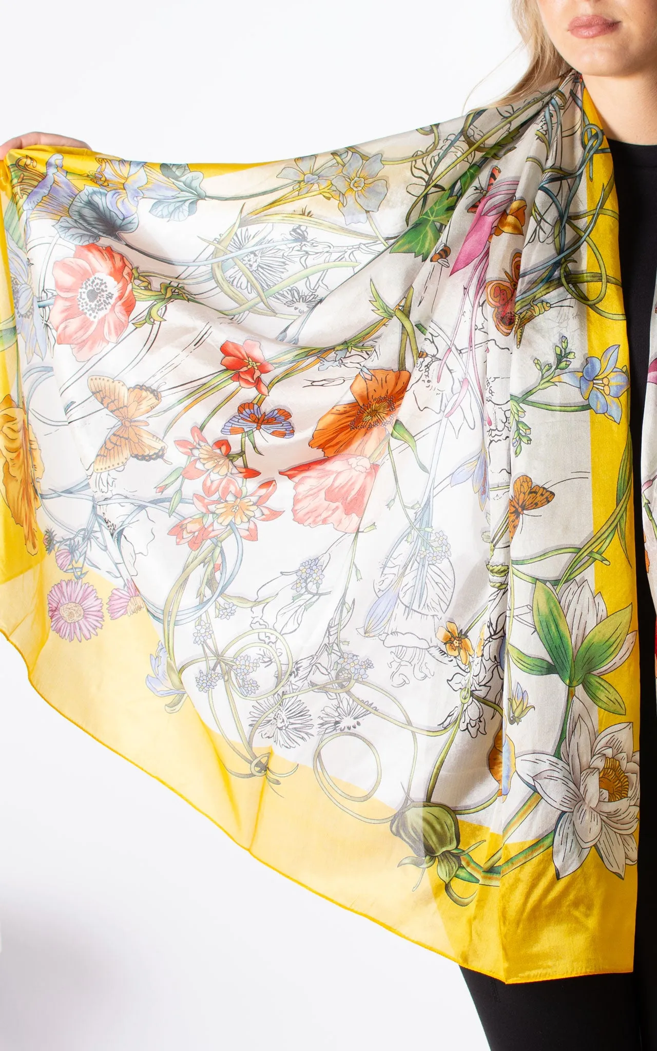 Yellow Border Floral Silk Scarf